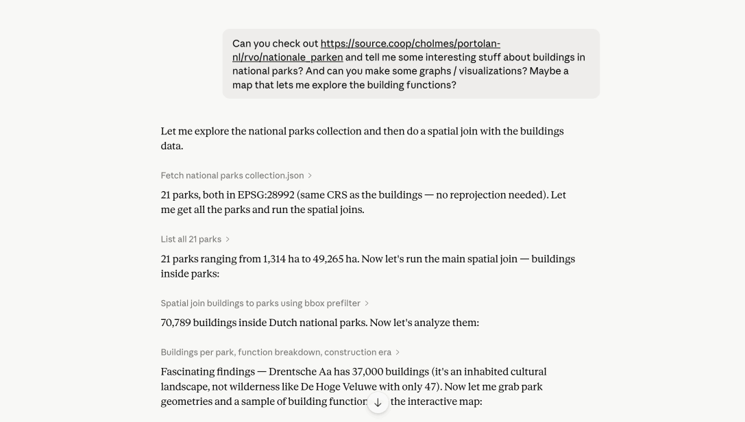 Claude performing spatial analysis on buildings and parks
